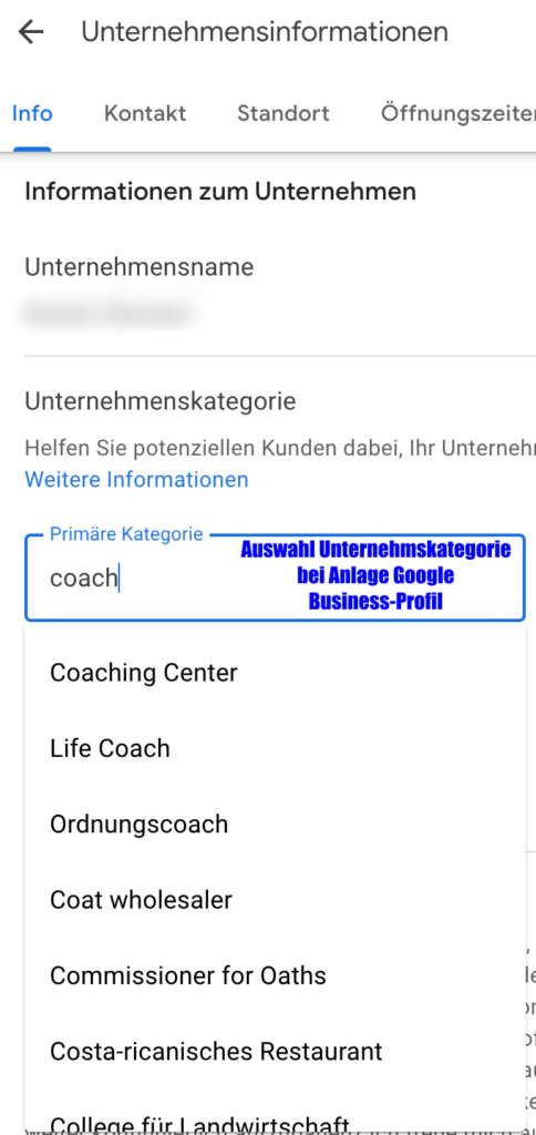 Auswahl Unternehmenskategorie für Coach bei Anlage Google-Unternehmensprofil_mod Auswahl Unternehmenskategorie als Google Businesseintrag mit Suchbegriff Coach