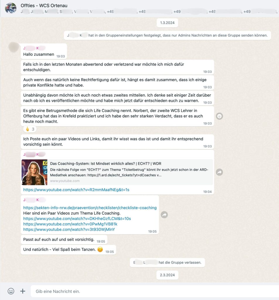 Screenshot von Posting in WhatsApp-Gruppe "Offties - WCS-Ortenau"